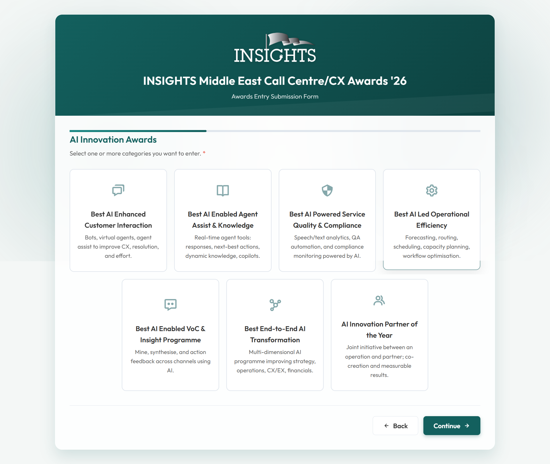AI Innovation category selection page